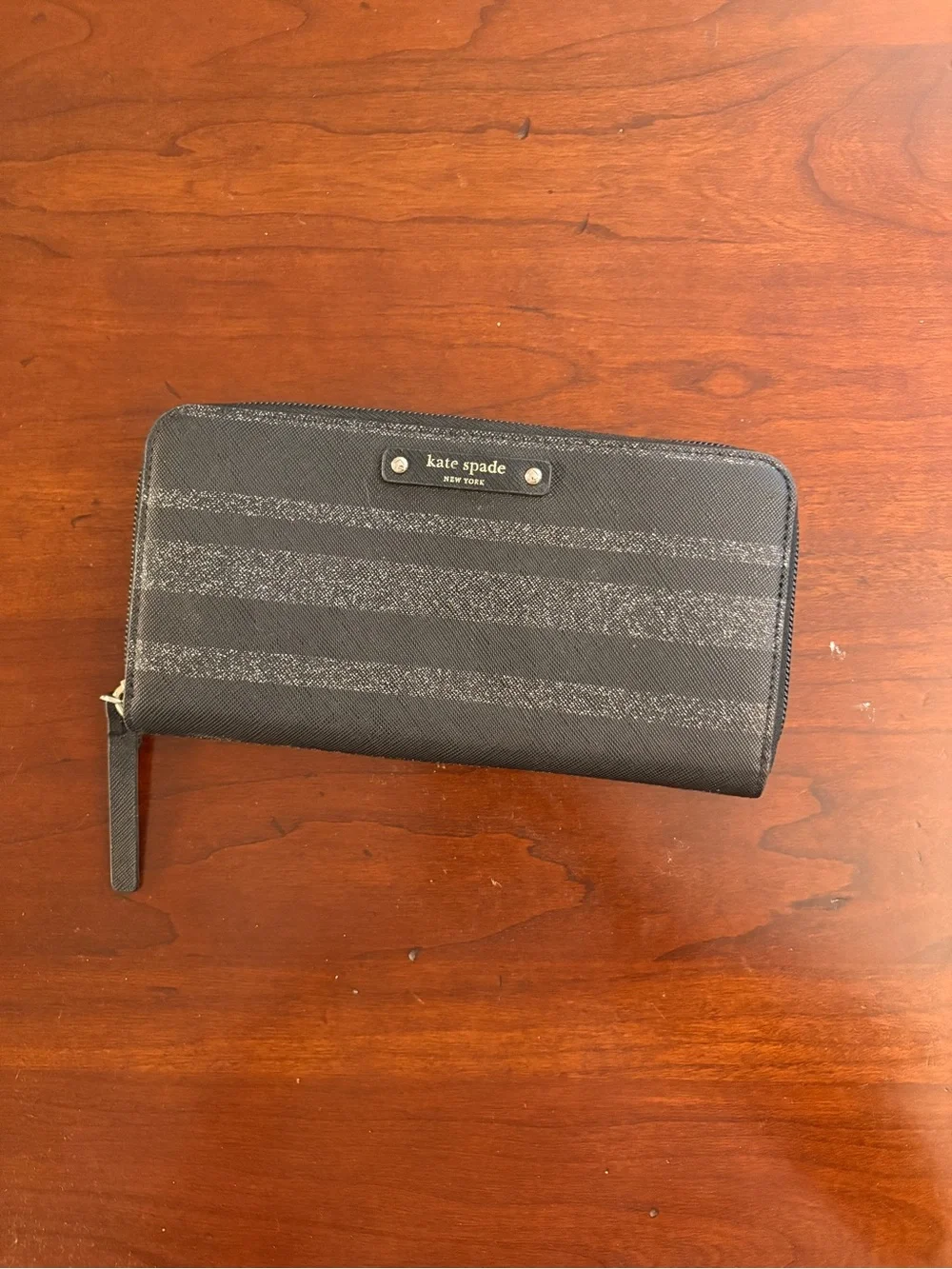 kate spade Black Striped Zip Wallet with Gold Logo